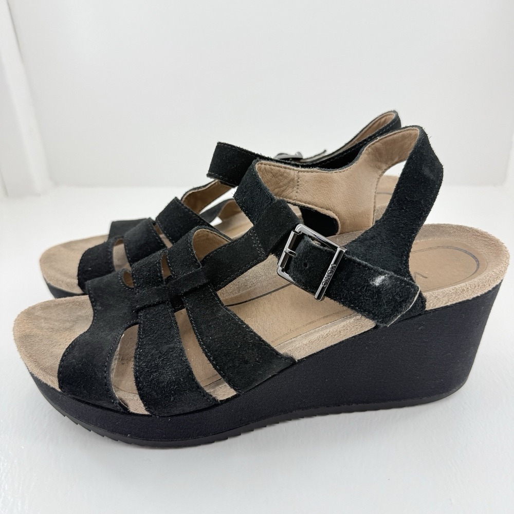 Vionic Tawny Wedge Sandals Women's 8 Black Suede Strappy Comfort Shoes EU 39